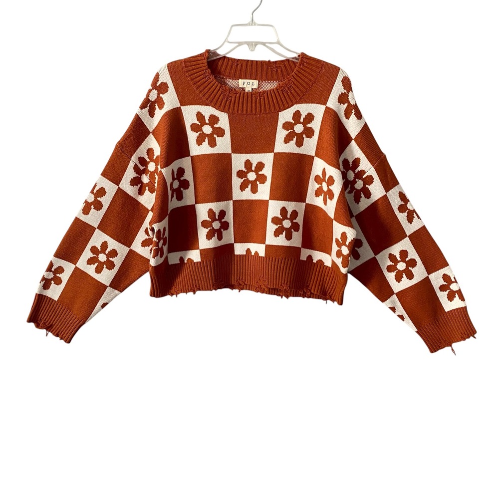 NWOT POL Womens Floral Daisy Knit Sweater Orange‎ White Distressed Sz M